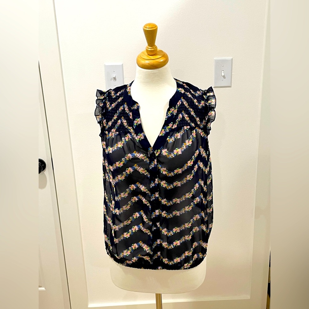 Navy and pink sheer floral top
